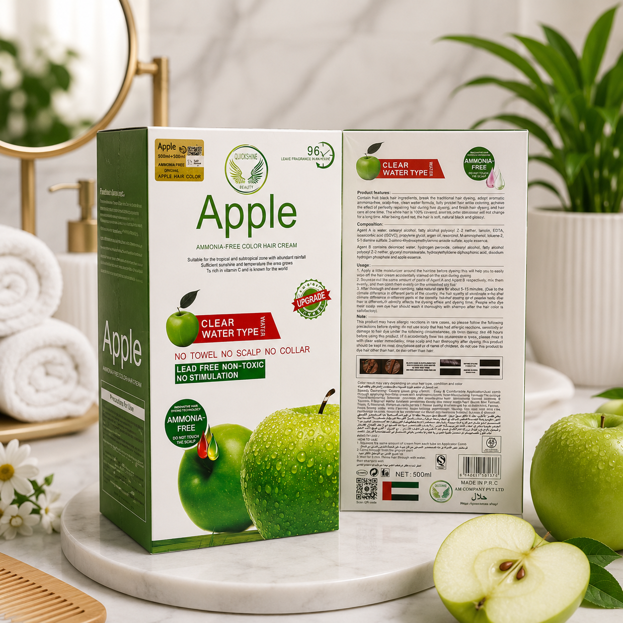 Original Apple Ammonia-Free Hair Color Cream 500ml + 500ml | Clear Water Type | Permanent Hair Color | Apki Dukaan